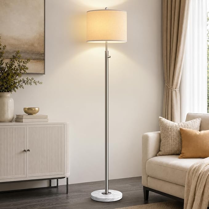 【Upgraded】 Dimmable Floor Lamp for Living Room, 11W LED Bulb Included, Modern Standing Lamp with Marble Base, Tall Pole Light with Linen Shade for Bedroom Reading Office Corner Nursery-Brushed Nickel