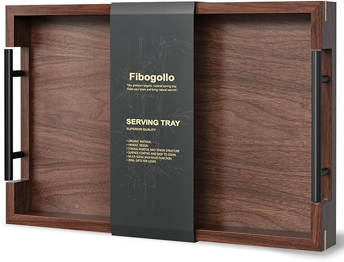 Fibogollo Walnut Wood Serving Tray with Metal Handles,15x10in Ottoman Decorative Trays Platter for Coffee Table,Living Room,Bar(Medium)