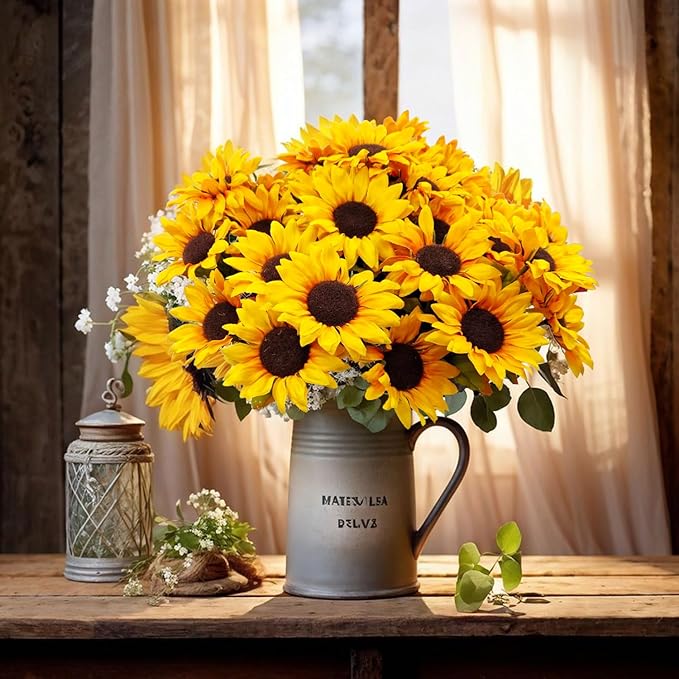 Sunflowers Artificial Flowers, 4 Bundles Fake Fall Flower UV Resistant Silk Sunflower for Vase Autumn Wedding Table Home Porch Patio Garden Indoor Outdoor Decor