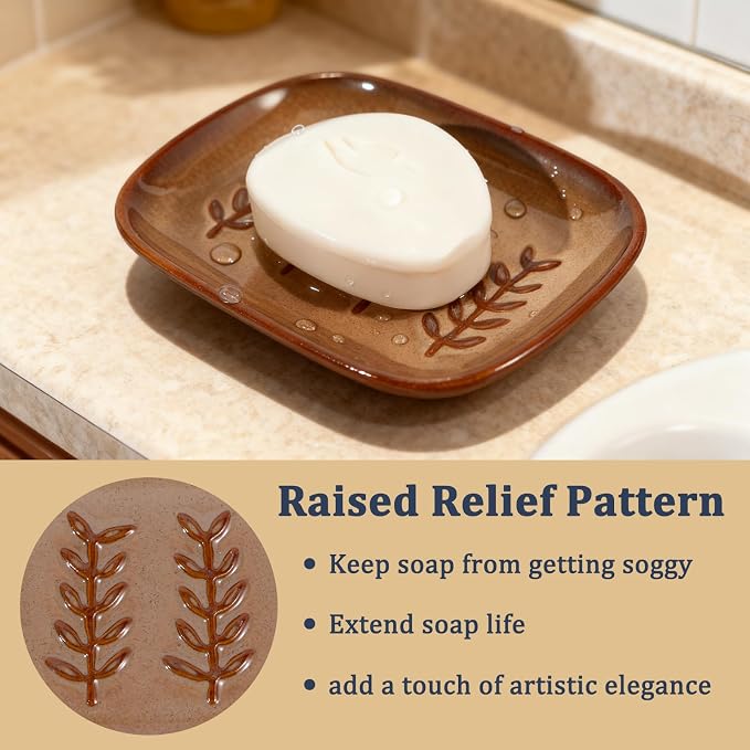 HighHerz Aesthetic Ceramic Soap Dish for Shower, Soap Holder with Raised Relief, Shower Soap Dish for Shampoo Bar Or Sponge, Soap Saver for Bathroom, Kitchen, Sink, Decorative Soap Tray (Brown)