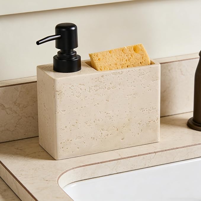 Beige Travertine Soap Dispenser with Sponge & Brush Holder – Hand & Dish Resin Soap Pump Bottle for Kitchen & Bathroom, 2-in-1 Countertop Organizer, with 2 Natural Sponges (Luxury Home Decor)