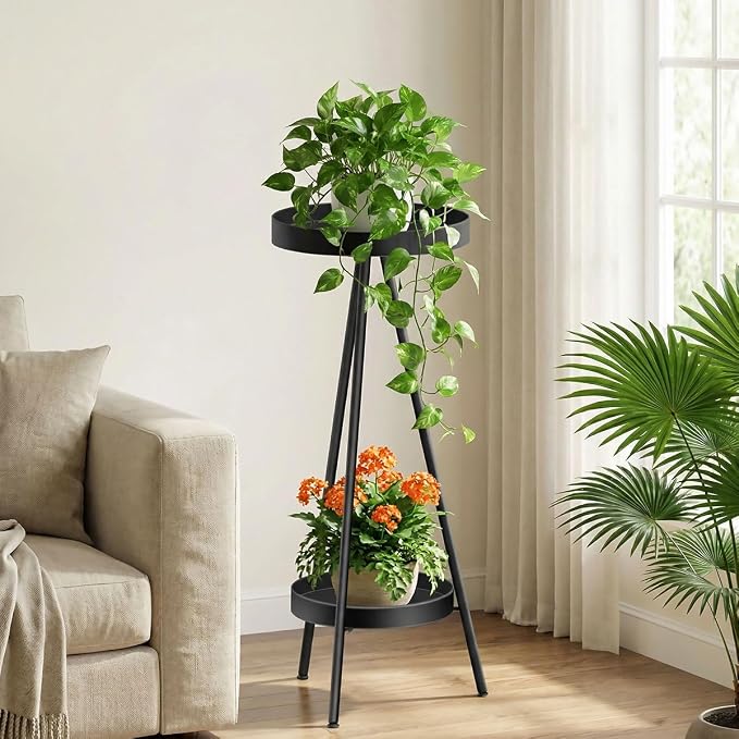2 Tier Tall Plant Stand Indoor Outdoor, 31.5" Metal Modern Flower Corner Holder, Black Iron Plant Shelf Rack, Heavy Duty for Small Spaces, Bedroom & Balcony