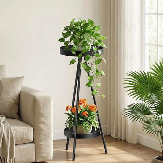 2 Tier Tall Plant Stand Indoor Outdoor, 31.5" Metal Modern Flower Corner Holder, Black Iron Plant Shelf Rack, Heavy Duty for Small Spaces, Bedroom & Balcony
