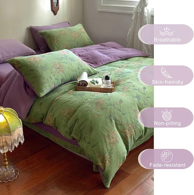 VM VOUGEMARKET Linen Cotton Jacquard Duvet Cover Queen,3 Pcs Yarn-Dyed Textured Duvet Cover Set Green Purple Floral Bedding Breathable, Natural Wrinkled Look-No Comforter
