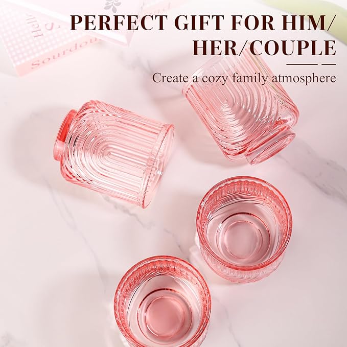 Pink Vintage Drinking Glasses Set of 6-15oz Hand-Blown Highball Ribbed Glassware, Arch Design Cocktail Glasses for Whiskey Water Beverages Ice Coffee Juice Milk