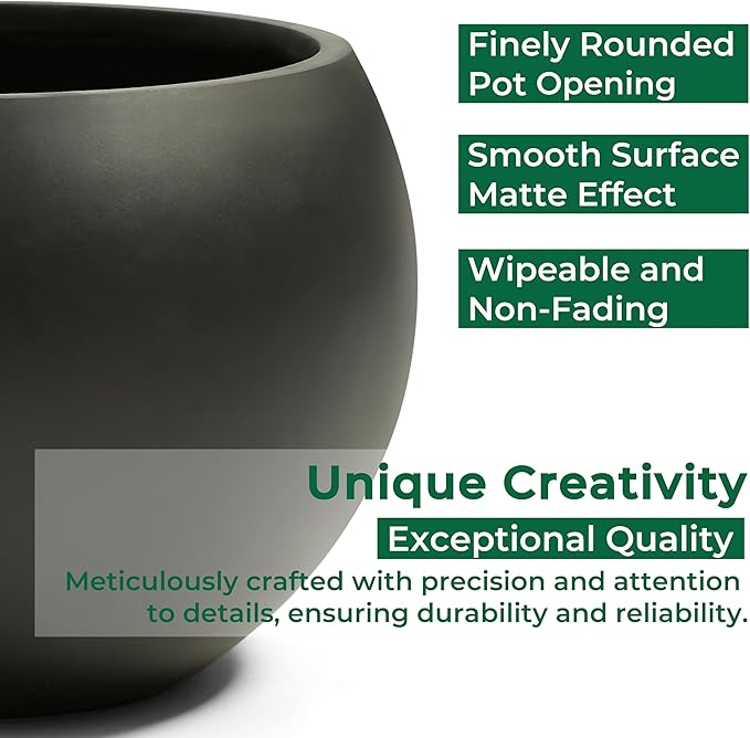 Fiberstone Sphere Planter, Black 19.3" Dia Large Flower Pot with Drainage Hole and Silicone Plug, Round Plant Container for Indoor or Outdoor, 15" Opening-13 H Large