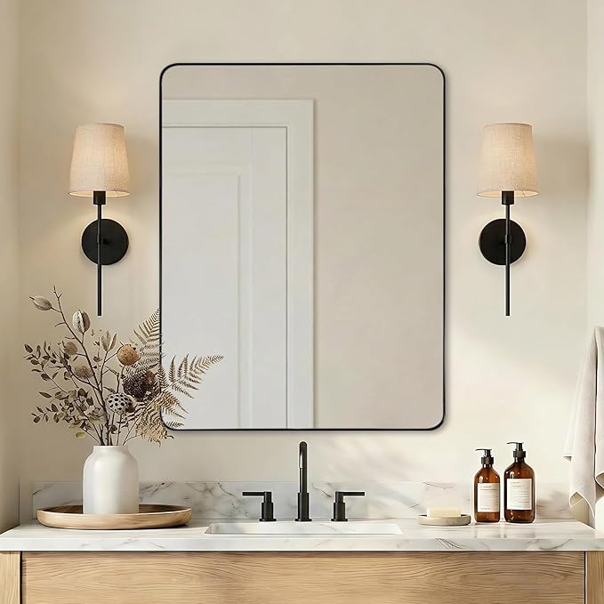 ANDY STAR Black Bathroom Mirrors for Over Sink, 24x32 Inch Matte Black Mirror for Bathroom, Rectangle Metal Vanity Mirror for Wall-Modern Clean Design with Superior Stainless Steel Frame