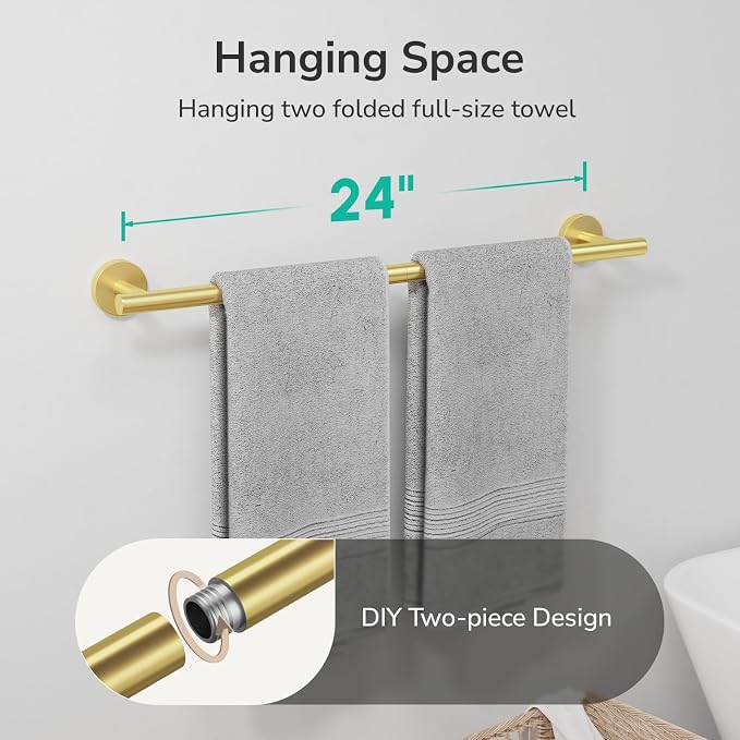 USHOWER Light Gold Towel Bar, 24-Inch Towel Racks for Bathroom Wall-Mounted, SUS304 Stainless Steel Towel Rod (Total Length 26-Inch)