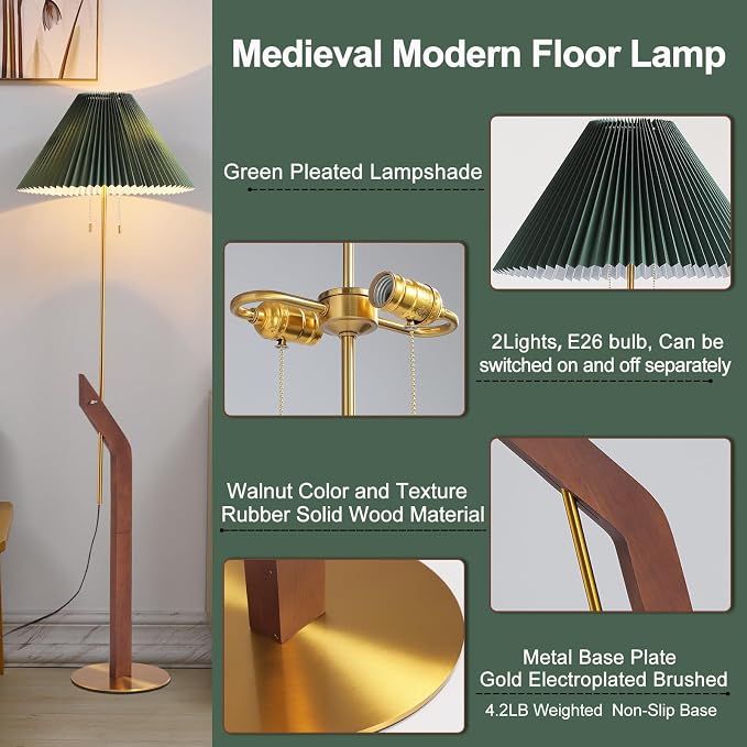 Floor Lamps for Living Room,Mid Century Modern Wood Floor Lamp | Height Adjustable, Tall Standing Dual Lamp Heads, Gold Finish, Living Room Bedroom Office Study Room
