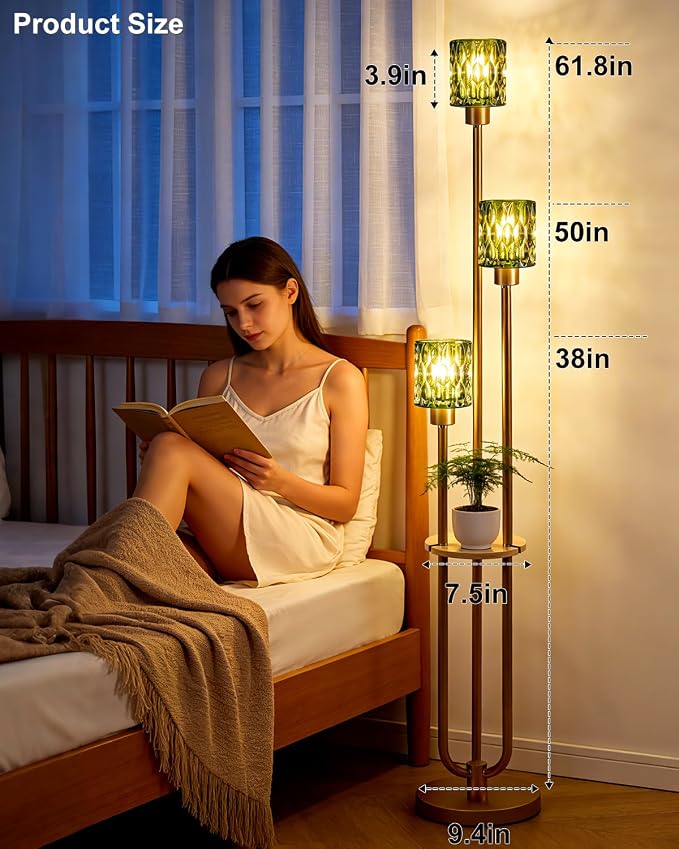 62IN Gold Floor Lamp with Green Glass Shade 3-Lights Mid-Century Modern Farmhouse Floor Lamps with 3000K Warm White Bulbs, Tall Standing Lamp 5Lbs Heavy Base for Living Room/Bedroom/Corner