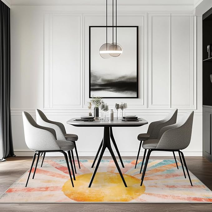 5x7 Boho Sun Area Rug Retro Orange Yellow Blue Beige Bedroom Rug Low Pile Thin Large Carpet Living Room Non Slip Dining Room Stain Resistant Office Washable Machine Classroom