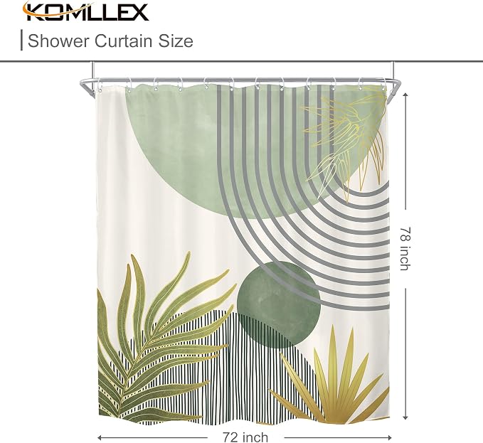 KOMLLEX Mid Century Mint Green Boho Shower Curtain for Bathroom Decor 72Wx78H Inches Abstract Modern Plant Botanical Minimalist Arch Sun Neutral Fabric Waterproof Polyester 12 Pack Hooks