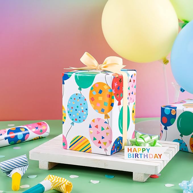 WRAPAHOLIC Birthday Wrapping Paper Roll - Mini Roll - 17 Inch x 16.5 Feet - Gold Foil Colorful Balloon Design Perfect for Birthday, Holiday, Party, Baby Shower