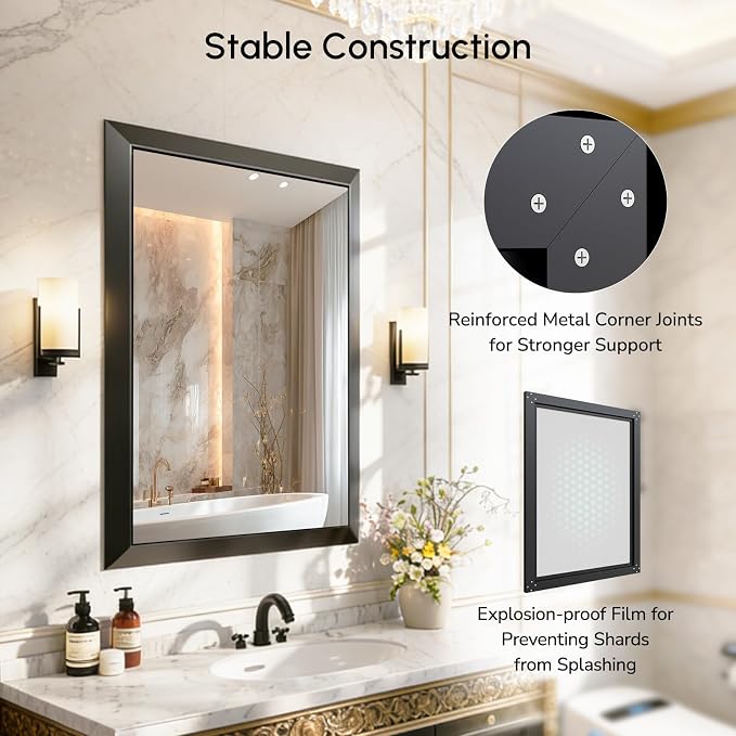 USHOWER 24x32 Inch Floating Bathroom Mirror - Brushed Black Wall Mirror for Over Sink, Beveled Aluminum Frame, Anti-Rust, Rectangular HD Reflection Small Vanity Mirror(Copper-Free Silver Coating)
