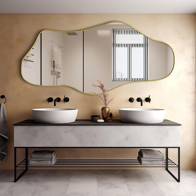 Irregular Mirror Full Length, 63.4"x29" Large Asymmetrical Mirror with Gold Metal Frame, Modern Abstract Wall Mirror for Living Room Bedroom Entryway, Hangs Vertically or Horizontally
