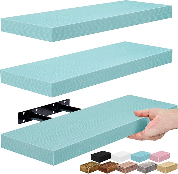 Sorbus Floating Shelves for Wall – 16 Inch Floating Shelf for Kitchen, Bedroom, Living Room, Bathroom, Home & Wall Decor - Mounted Bathroom Shelves with Invisible Brackets (Breezy Blue, 3 Pack)
