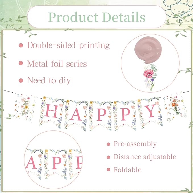 Flower Birthday Decorations for Girls Women, 14PCS Wildflower Floral Happy Birthday Banners Hanging Swirls and Honeycomb Centerpieces Decor Supplies