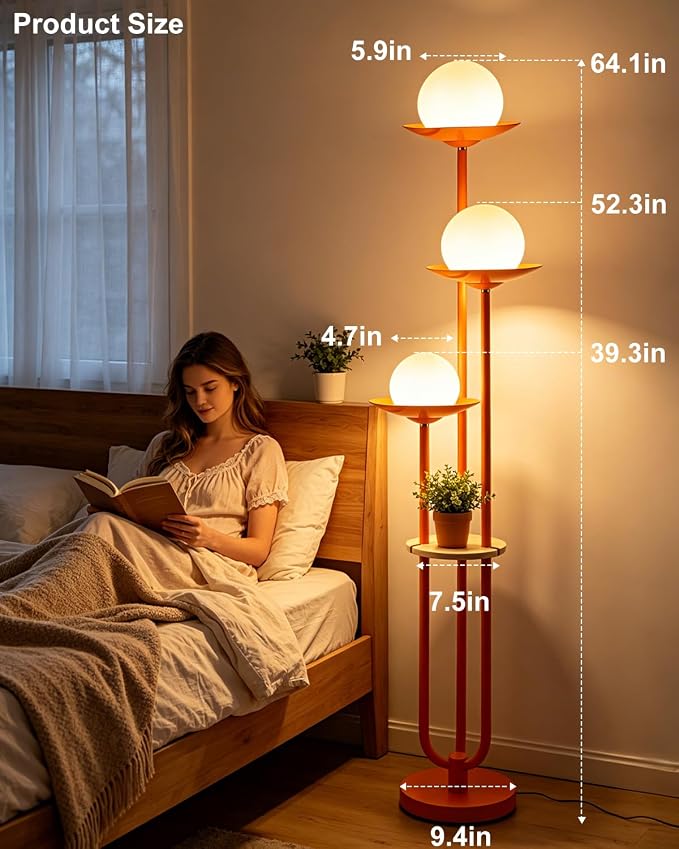63IN Globe Floor Lamp with Shelf 3-Lights Modern Dimmable Orange Floor Lamps with 3000K Soft Warm White Bulbs for Wedding/Party, Tall Standing Lamp with 5Lbs Heavy Base for Living Room/Bedroom