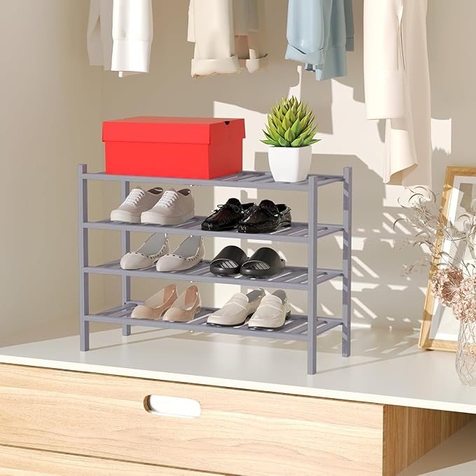RONGJlA 4 Tier Bamboo Shoe Rack for Closet Free Standing Wood Shoe Shelf Storage Organizer for Entryway Small Space Stackable, Gray