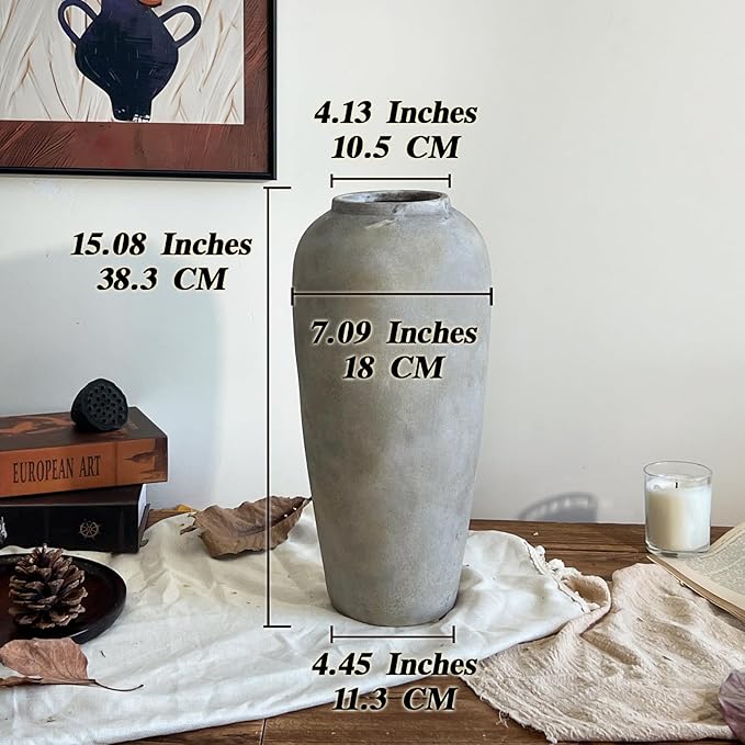 15 Inch Farmhouse Ceramic Rustic Vase, White Grey Flower Vases for Centerpieces & Home Decor, Handmade Pottery Vases for Living Room, Bedroom & Wedding Decor, Vintage Ceramic Vase for Gifts