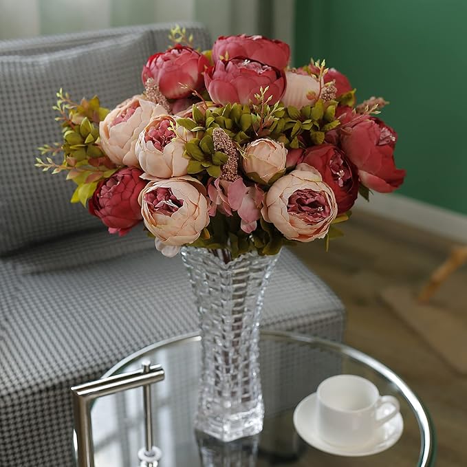 Fule 2 Pack Large Artificial Peony Silk Flower Bouquets Arrangement Wedding Centerpieces (Dark Pink)