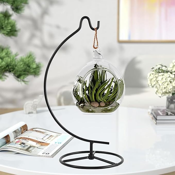 Ornament Display Stand Holder Iron Hanger Air Plant Stand Flower Pot Holder Iron Stand for Hanging Glass Globe Ball ,Christmas Wedding Ornament, Home Office Decor (Mini-Moon)