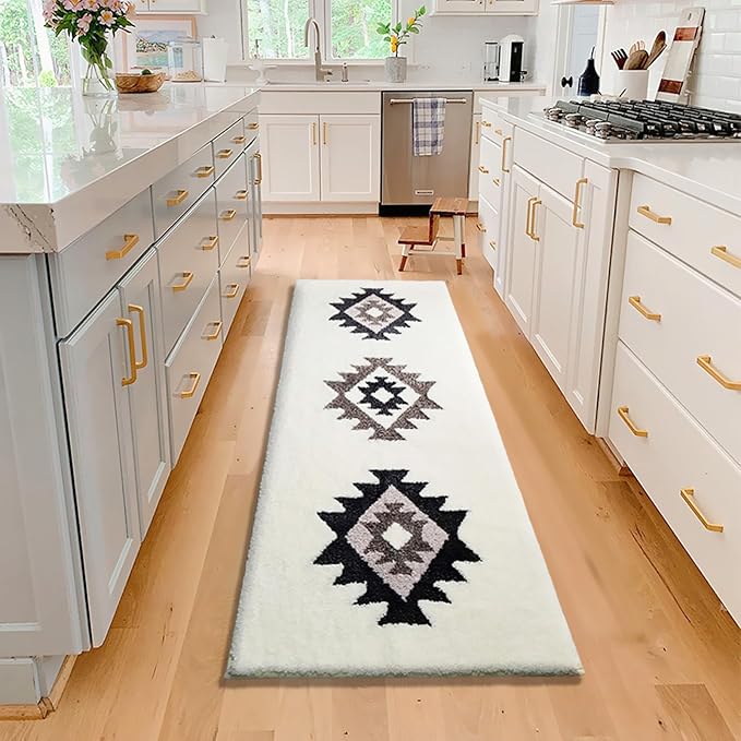 White Boho Bathroom Rug Runner 60x24 Washable Long Bath Mat for Bathroom Tub Bedroom Kitchen Laundry Room Home Decor Fluffy Soft Bohemian Carpet Runner