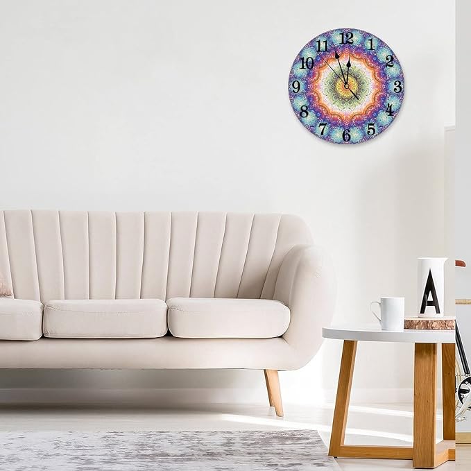Mandala Wall Clock Battery Operated Silent Non Ticking Round Clock Bohemian Peacock Feathers Wall Decor for Home, Office, School 9.8 Inch