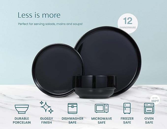 Vase and Vessel Ceramic Dinnerware Set, 12-Piece Service for 4, Soup Bowls (31.5 oz), Salad Plates (7.5"), Dinner Plates (10.5"), Round, Microwave and Dishwasher Safe, Black, Cambridge Classics