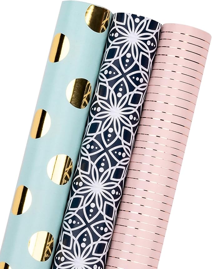MAYPLUSS Wrapping Paper Set - Mini Roll with Bow & Ribbon & Gift Tags & Stickers - 17 inch X 120 inch Per roll - Pink Gold Stripe, Blue Polka dots and Black Floral Design (42.3 sq.ft.ttl)