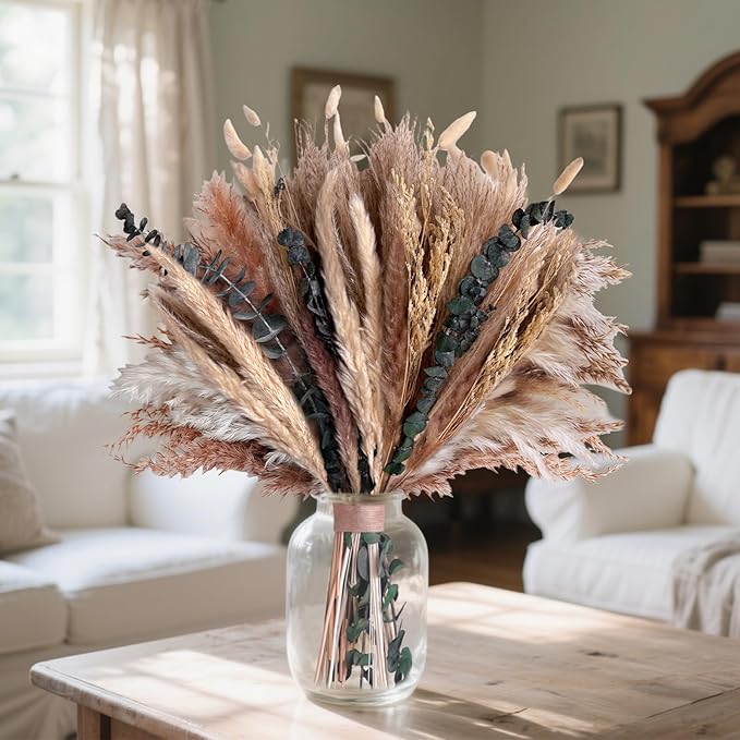 Pampas Grass Boho Home Decor 71PCS 17 inch Natural Dried Flowers for Vase Eucalyptus Stems Pompas Dried Flowers Bouquet DIY Arrangements Boho Wedding Bedroom Tables Decoration