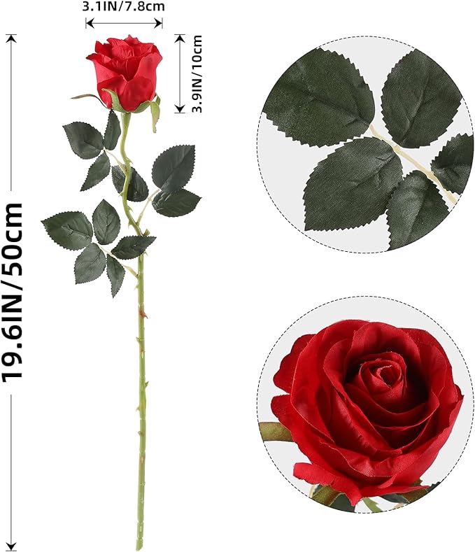 Kisflower 8 Pcs Red Roses Artificial Flowers with Stems Silk Roses Fake Rose Realistic Flower Bouquet for Wedding Party Office Home Decor (Red)