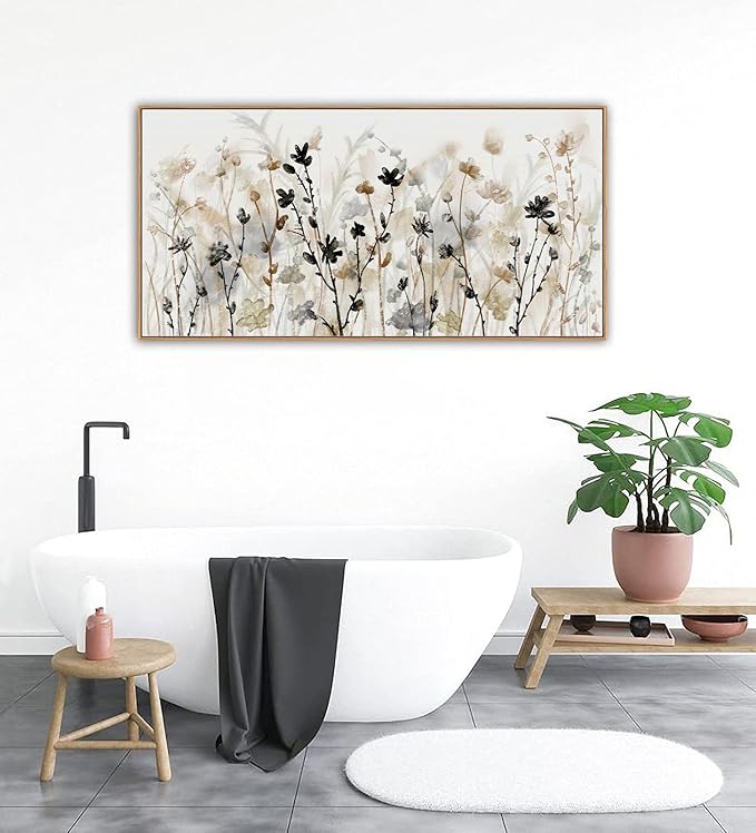 Framed Flower Canvas Wall Art Blossom Canvas Pictures Abstract Grey Cream Brown Landscape Artwork Canvas Prints for Home Living Room Bedroom Kitchen Office Wall Decor Ready to Hang 24"x 48"