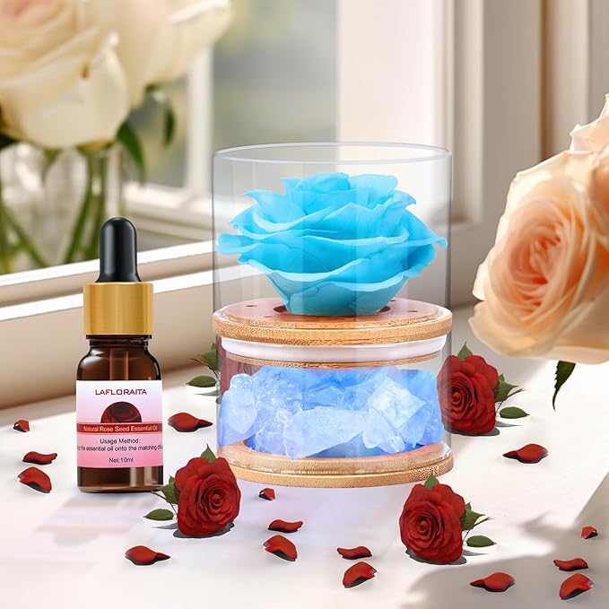 Christmas Birthday Flower Gift for Women Preserved Blue Rose with Light,Rose Essential Oil Set,Forever Flower Rose Gifts for Girlfriend Wife Mom Gift for Birthday, Anniversary,Thanksgiving,Valentines
