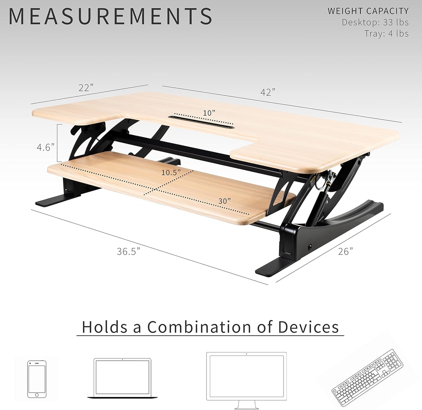 VIVO Height Adjustable Stand Up Desk Converter - Quick Sit to Stand Dual Monitor Riser | Light Wood Top, Black Frame