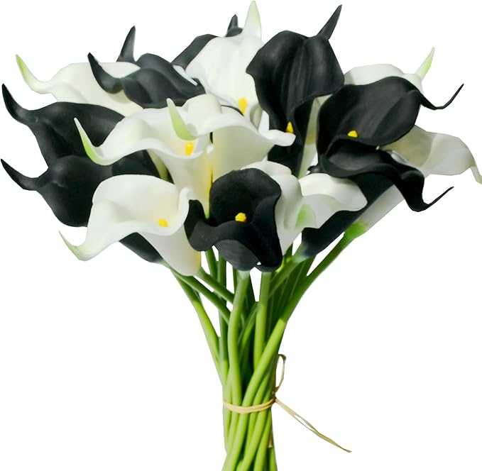 Mandy's PU Black and White Calla Lily Artificial Flowers 20 Stems 13.5in Faux Realistic Centerpiece for Thanksgiving and Christmas Decorations DIY Bridal Bouquet Home Décor