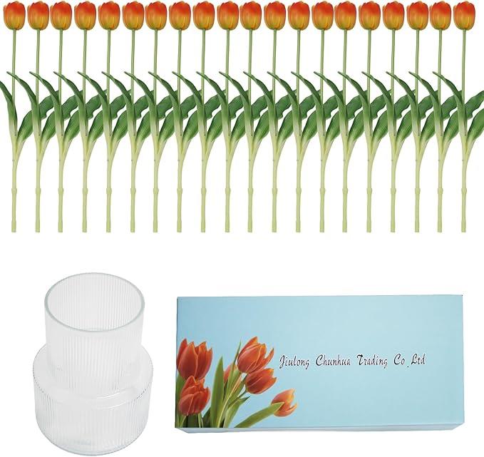 20 Artificial Tulips in Fluted Glass Vase, Waterproof Faux Flowers Bouquet for Wedding Home Office Decor, Table Centerpiece, Housewarming Birthday Gift Set (Orange)