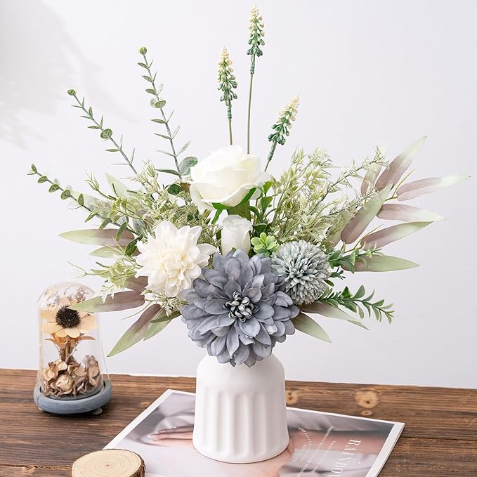 Fake Flowers in Vase, Artificial Flowers with Vase, 15.7'' Floral Arrangements for Dining Table Centerpiece Decor, Silk Roses & Faux Dahlia Bouquet for Farmfouse Kitchen Coffee Table Decor (Blue)