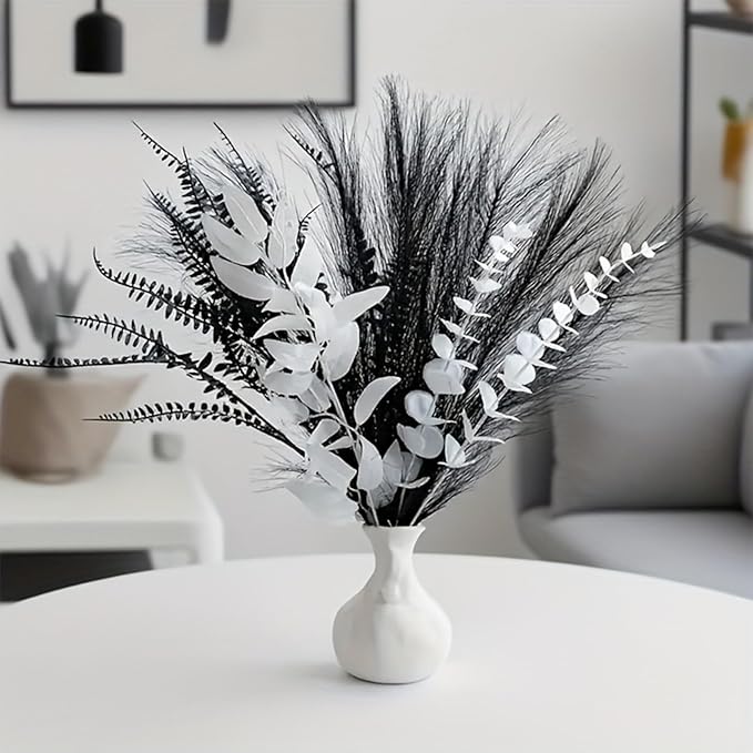 Black and white artificial bouquet in minimalist Nordic style, featuring artificial eucalyptus leaves and pampas grass for home decor, perfect as a centerpiece for hotel desks or dining tables.