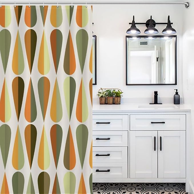 Mid Century Modern Shower Curtain,Retro Abstract Geometric Drop Shapes Art Style Shower Curtains Set for Bathroom Fabric Decorative Bath Curtain Washable Curtain Hooks, 72x72”