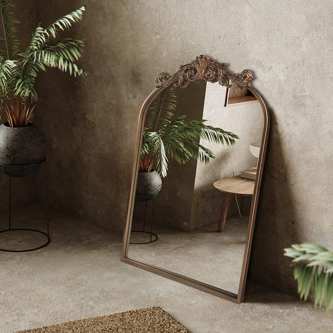 OUSHUAI Gold Traditional Vintage Ornate Baroque Mirror,Gold Brass Mirror for Wall,Victorian Antique Bronze Mirrors Arched for Bathroom/Living Room/Hallway/Fireplace 19"X27"