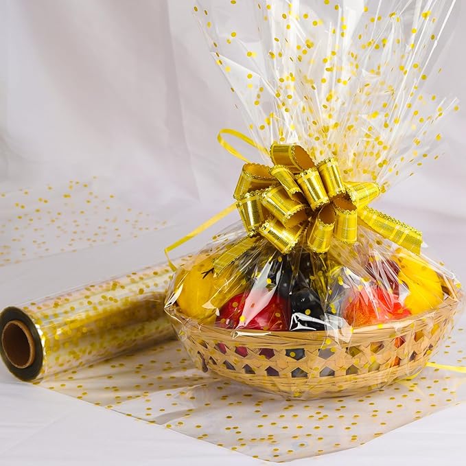 CMFYHM Clear Cellophane Wrap Roll(34" x 120’Ft) 3Mil Gold Polka Dot Cellophane, Cellophane Gift Wrap Roll, Cellophane Wrap for Gifts, Baskets, Flowers, Party Decorations