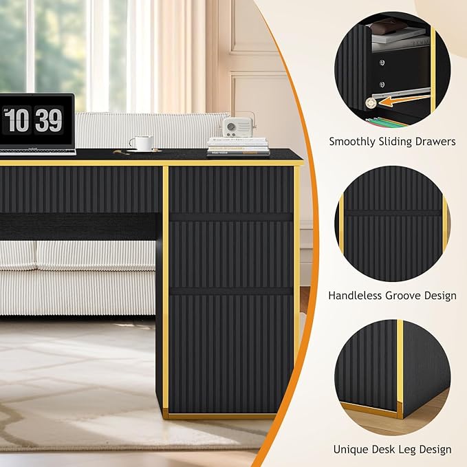 58 Inch Executive Desk with 7 Drawers, Black and Gold Desk with File Drawers for Bedroom, Home Office Desk with Storage for Study, Living Room