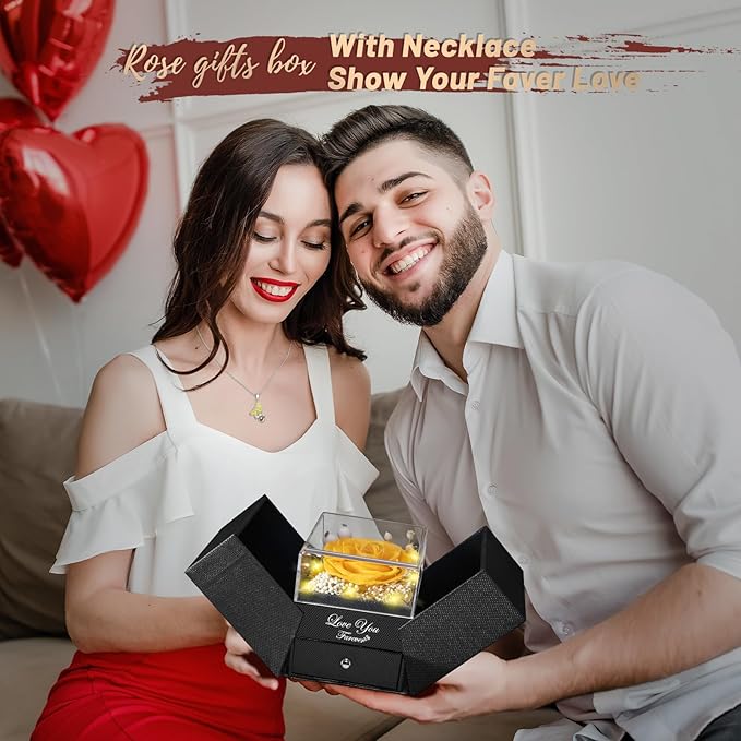 DRTINA Preserved Yellow Real Rose with I Love You Butterfly Necklace-Eternal Flowers Rose Birthday Gifts for Women Wife Mom Girlfriend Grandma on Mothers Day Valentines Anniversary Christmas Romantic