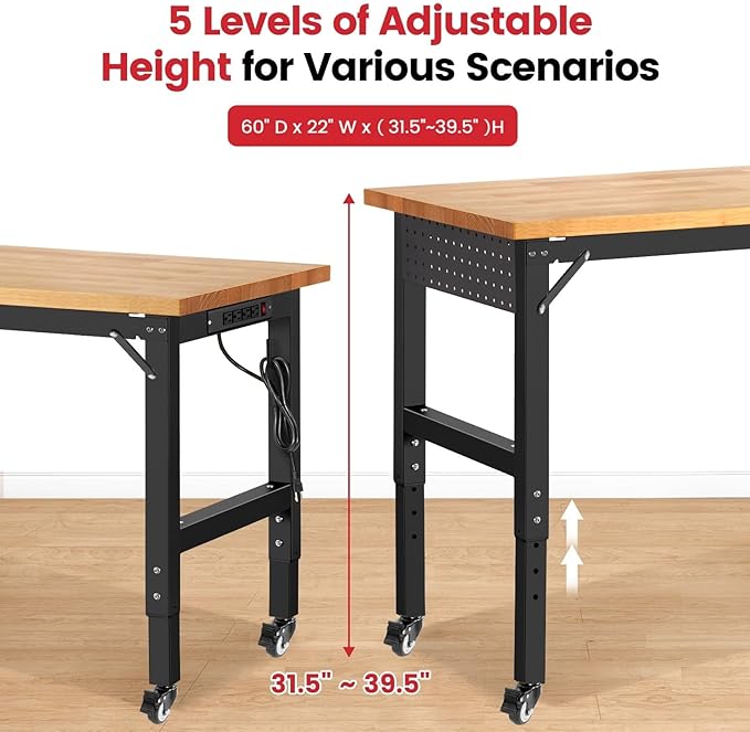 Workbench for Garage Adjustable Height 60 x 22 Inch Work Table with Wheels Heavy Duty Rubberwood Tabletop Workbench with Pegboard, Power Outlets for Woodworking Shop, Home, Office