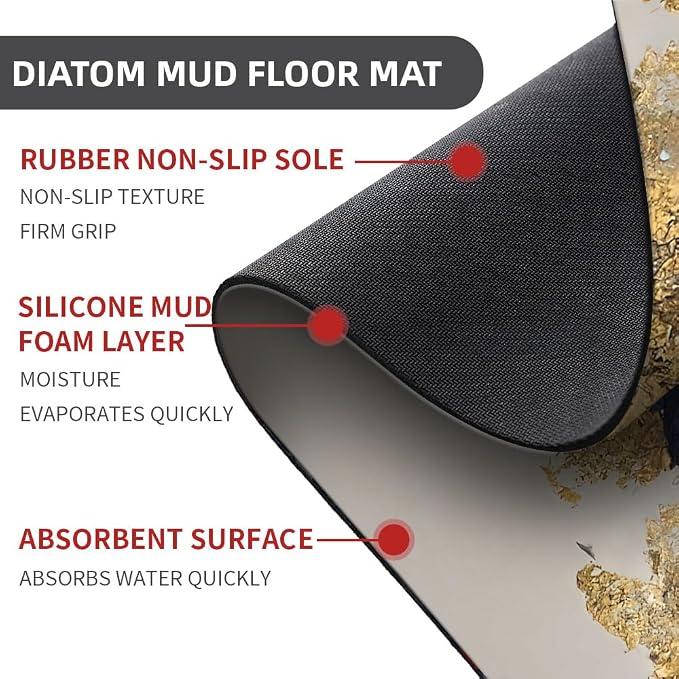 Diatomaceous Earth Bath Mat,Watercolor Flowers Gold and Blue Non-Slip Volume Super Absorbent Fast Drying for Bathroom Kitchen Door mat,Eco-Friendly Easy to Clean 17×27.5Inch (43 * 70cm)