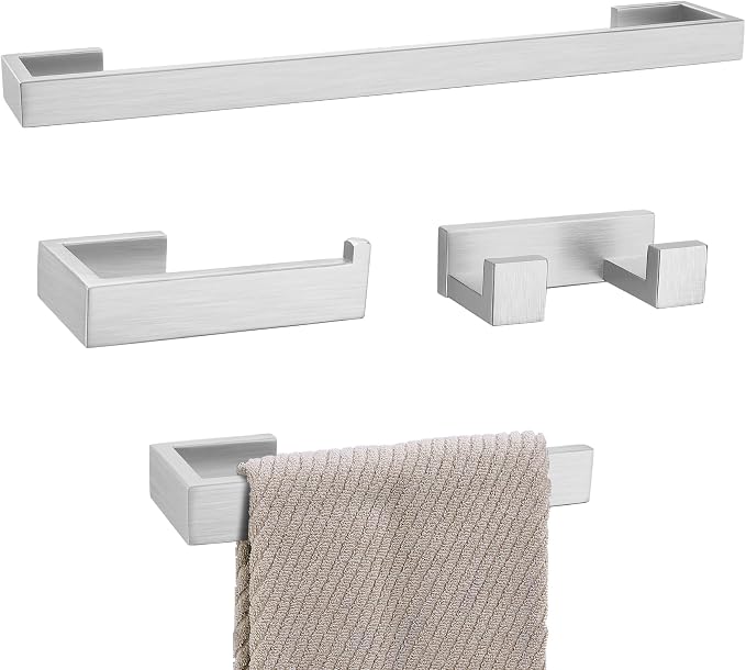 Brushed Nickel Bathroom Hardware Set, 4-Piece Bath Towel Bar Set SUS304 Stainless Steel Towel Rack Set for Bathroom, 23.6 inches Bathroom Towel Holder Set Wall Mounted