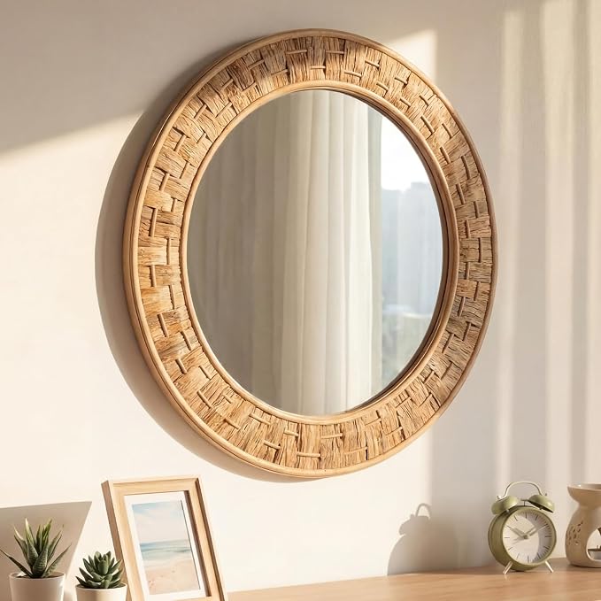 Vercraft 24 Inch Round Rattan Wicker Mirror, Rustic Boho & Farmhouse Style Handmade Woven Frame, Decorative Wall Mirror for Bathroom, Living Room, Bedroom, Entryway, Nursery Decor
