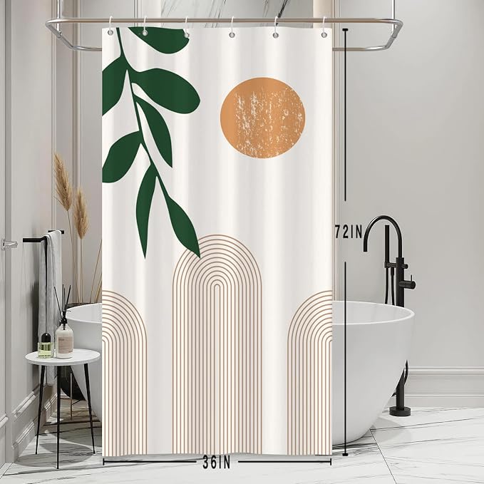 Boho Mid Century Shower Curtain Abstact Arch Sun Leaves Modern Minimalist Geometric Plant Aesthetic Shower Curtains Polyester Fabric Bathroom Decoration Curtain with Hooks 36x72 inch