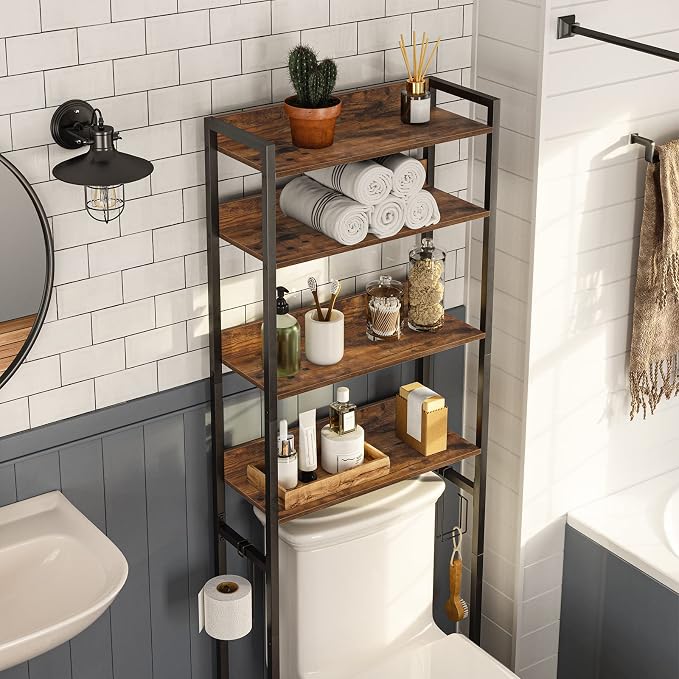 MAHANCRIS Over The Toilet Storage Rack, 4 Tier Bathroom Organizer Over Toilet, Freestanding Space Saver Toilet Stand with 2 Hooks, Bathroom Storage Shelf, Easy to Assemble, Rustic Brown TSHR0401Z